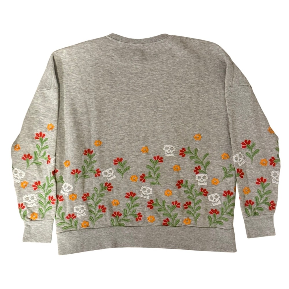 Disney Pixar Coco Skull Floral Embroidered Gray Sweatshirt Pullover SM - Picture 2 of 10